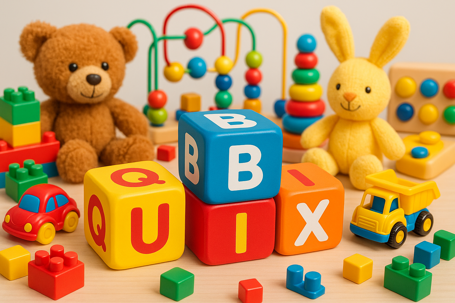 kid's toys and the letters Q U B I X on the cube dice 